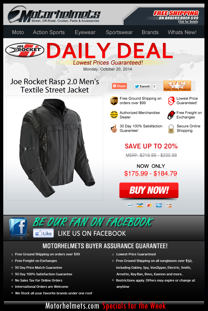 Today's Deal Saves you 20% on the Joe Rocket Rasp 2.0 Jacket!
