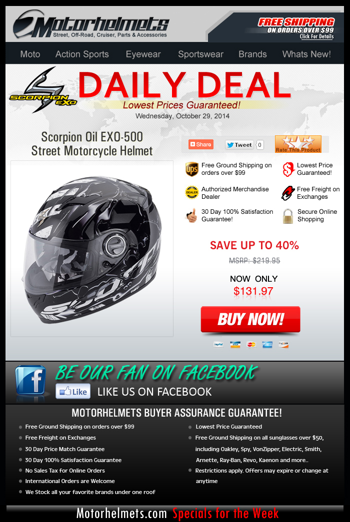 Savings of up to $80 on Scorpion's EXO-500 Helmet!