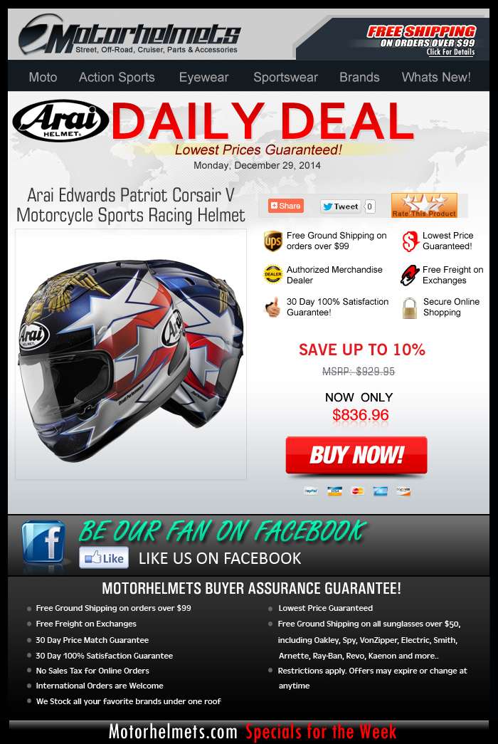 Save $90 and Get Free Shipping...Order the Arai Corsair V Helmet Now!