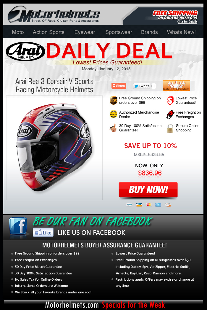 $90 Savings on an Arai Corsair V Helmet!
