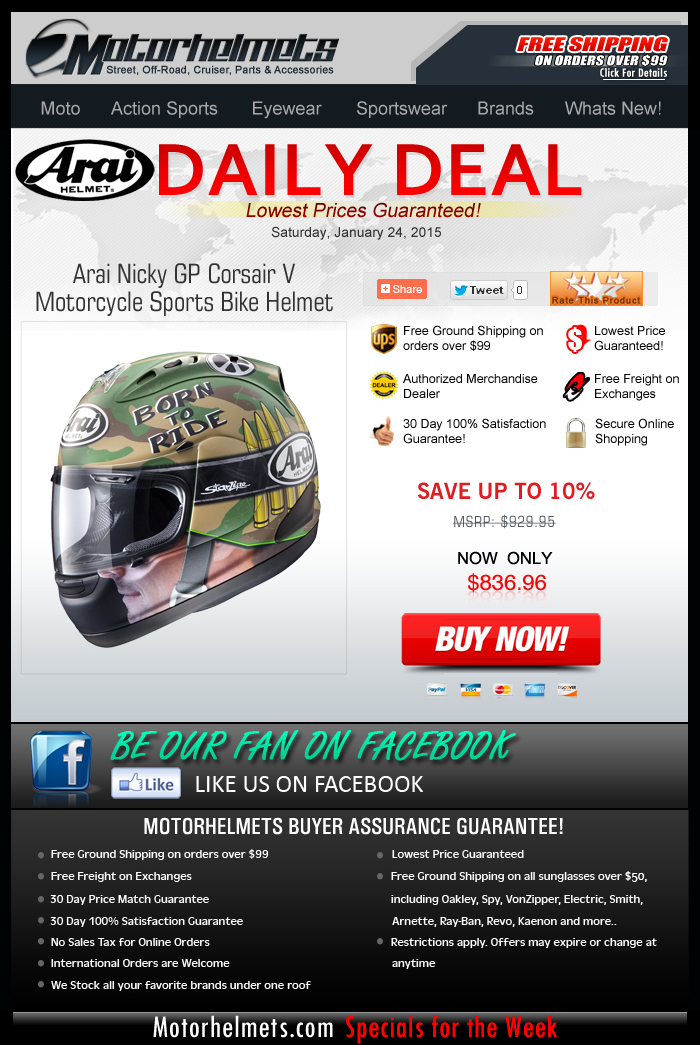 Save $90 on Arai's Nicky GP Corsair V Helmet!