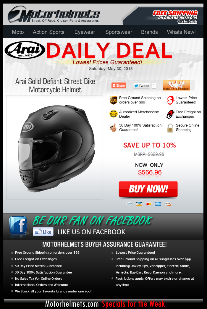 Save 10% on the Arai Defiant Helmet!